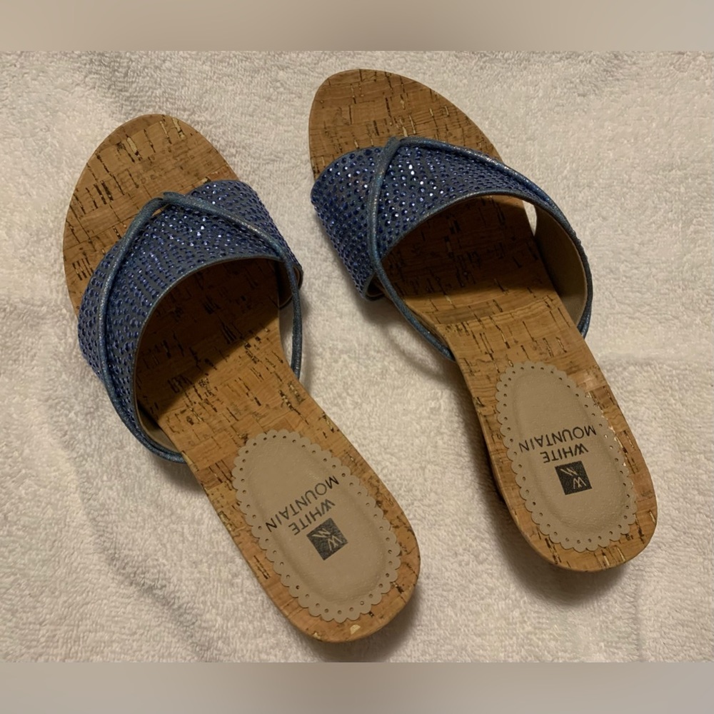 #S513 - White Mountain Blue Glitter & Cork Wrapped Thong Wedge Sandals SIZE 7.5M - Picture 8 of 16